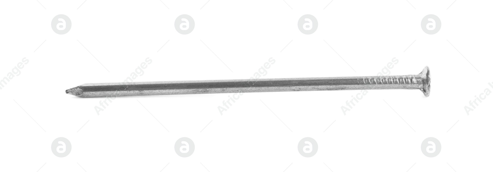 Photo of Sharp shiny metal nail isolated on white