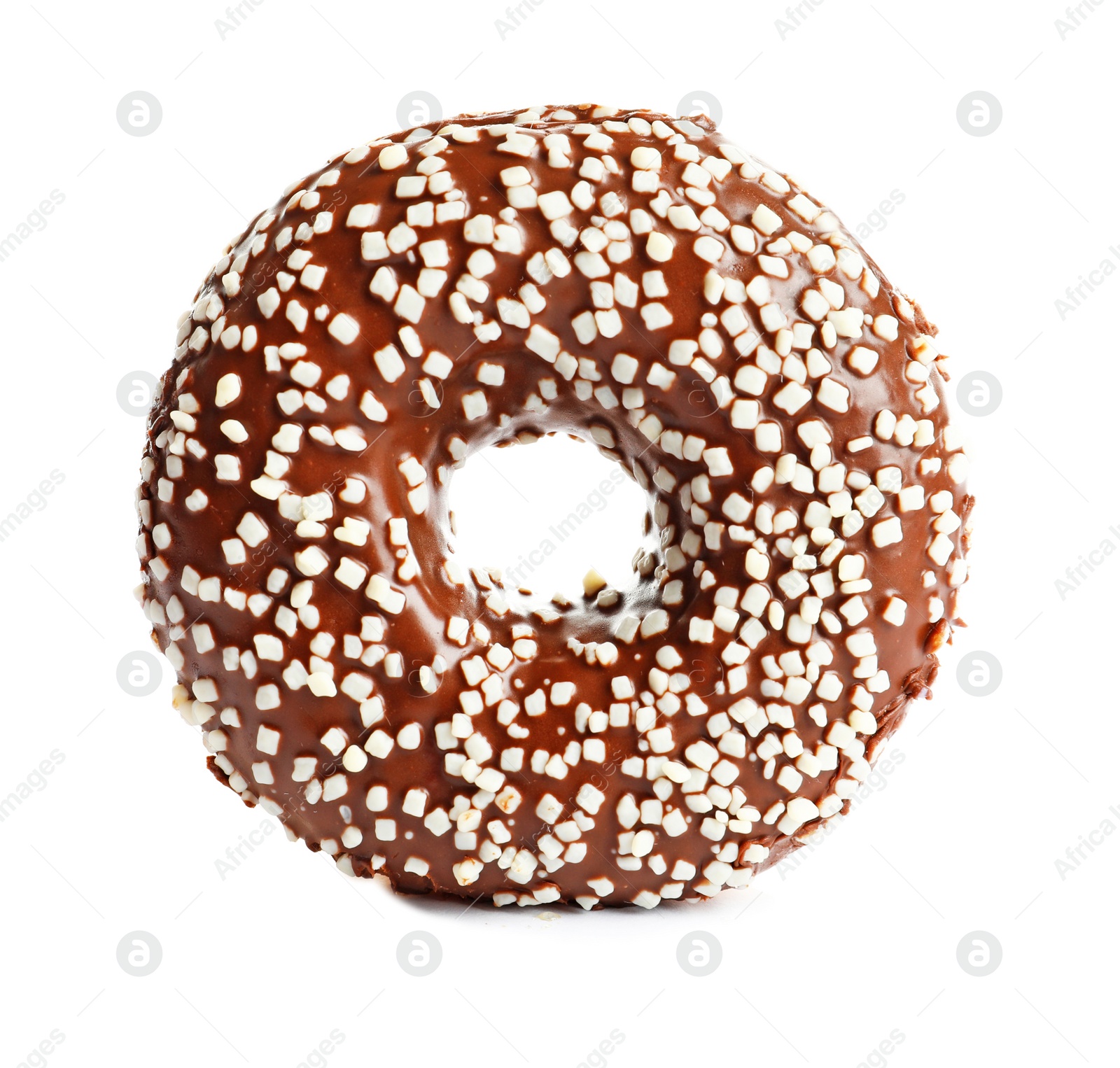 Photo of Delicious glazed doughnut with sprinkles on white background