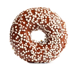 Photo of Delicious glazed doughnut with sprinkles on white background