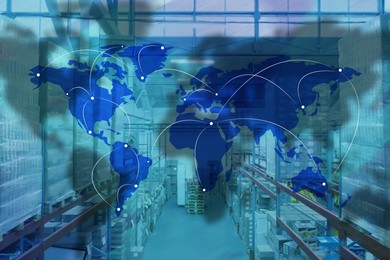Image of Worldwide logistics. Storage racks with different boxes in warehouse and illustration of map