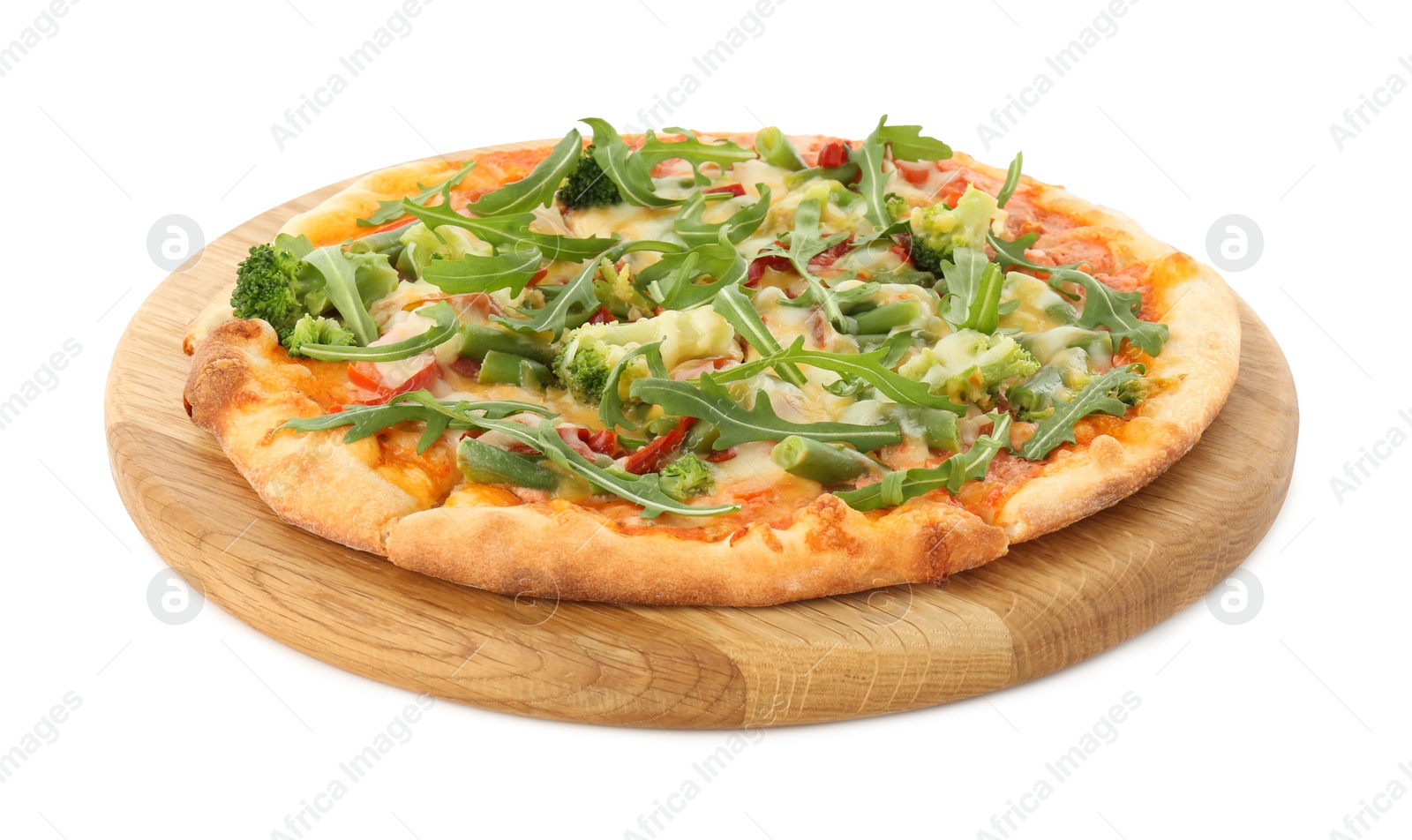 Photo of Board with delicious vegetarian pizza isolated on white