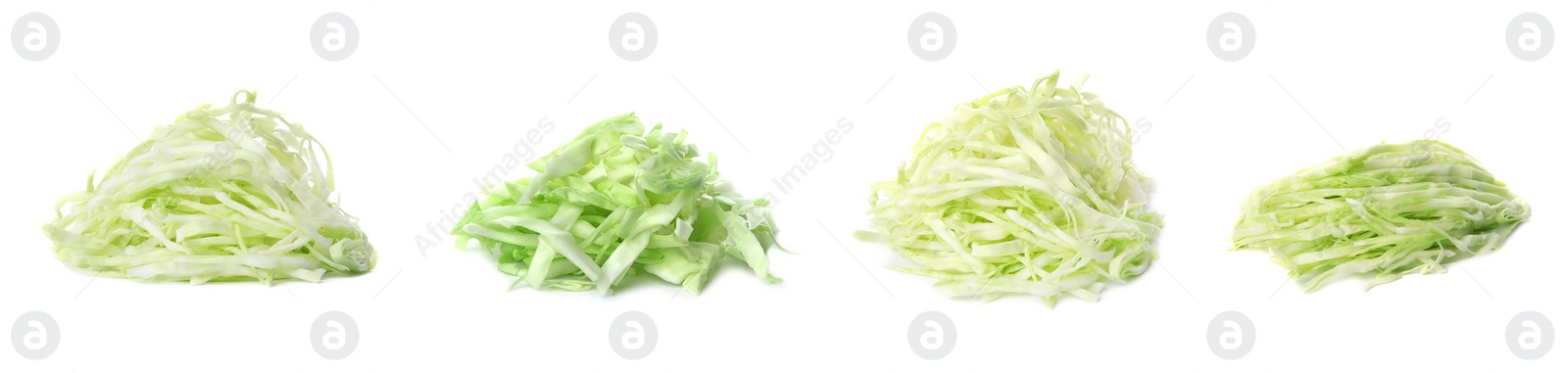 Image of Set with heaps of chopped cabbage on white background. Banner design