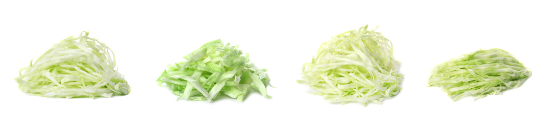 Image of Set with heaps of chopped cabbage on white background. Banner design