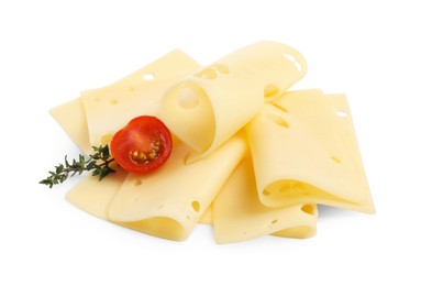 Photo of Slices of tasty fresh cheese, thyme and tomato isolated on white