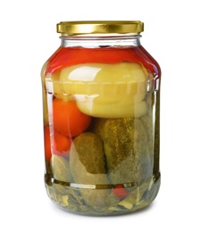 Photo of Glass jar with pickled vegetables isolated on white