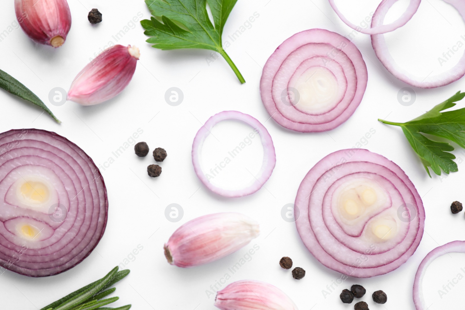 Photo of Flat lay composition with cut onion and spices on white background