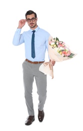 Photo of Young handsome man with beautiful flower bouquet on white background