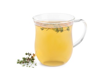 Photo of Aromatic herbal tea with thyme isolated on white
