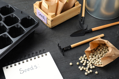Photo of Raw dry peas, gardening tools and notebook on black table. Vegetable planting