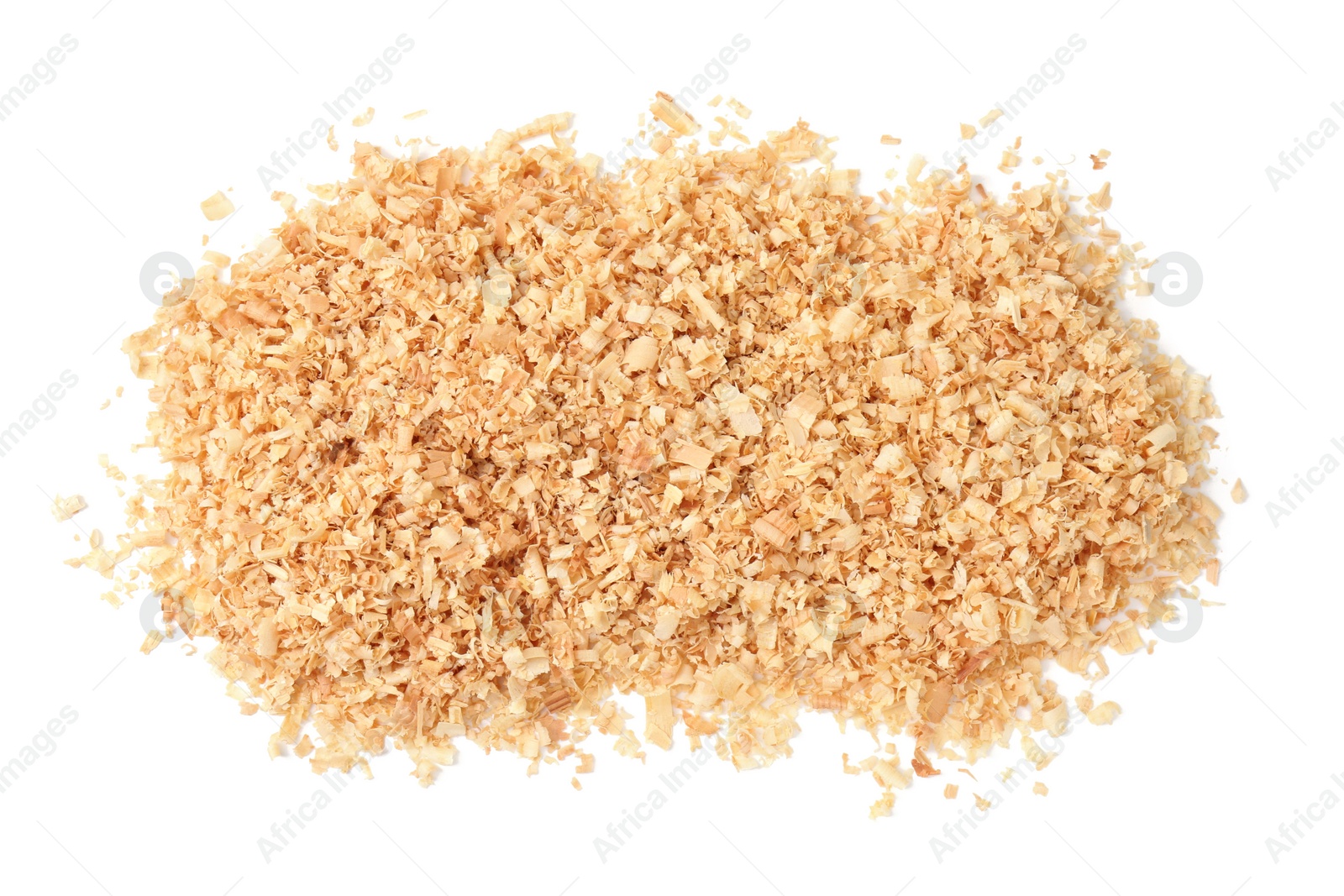 Photo of Pile of natural sawdust isolated on white, top view