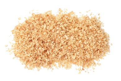 Pile of natural sawdust isolated on white, top view