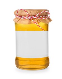 Jar of honey with blank label on white background. Mockup for design