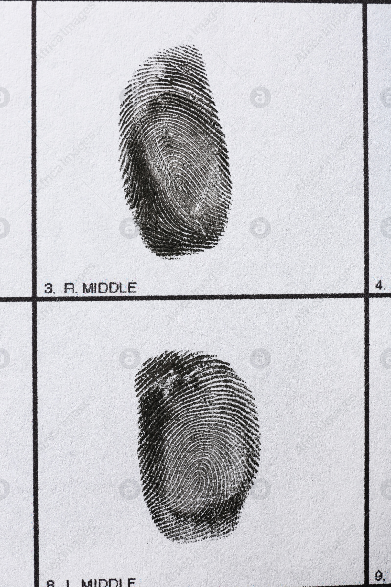 Photo of Fingerprint record sheet, top view. Criminal investigation