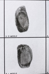 Fingerprint record sheet, top view. Criminal investigation