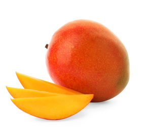 Whole and cut ripe mangoes isolated on white. Exotic fruit