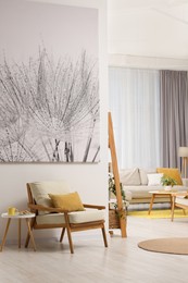 Spring atmosphere. Stylish room interior with cozy furniture in yellow and white colors