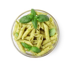 Photo of Delicious pasta with pesto sauce and basil isolated on white, top view