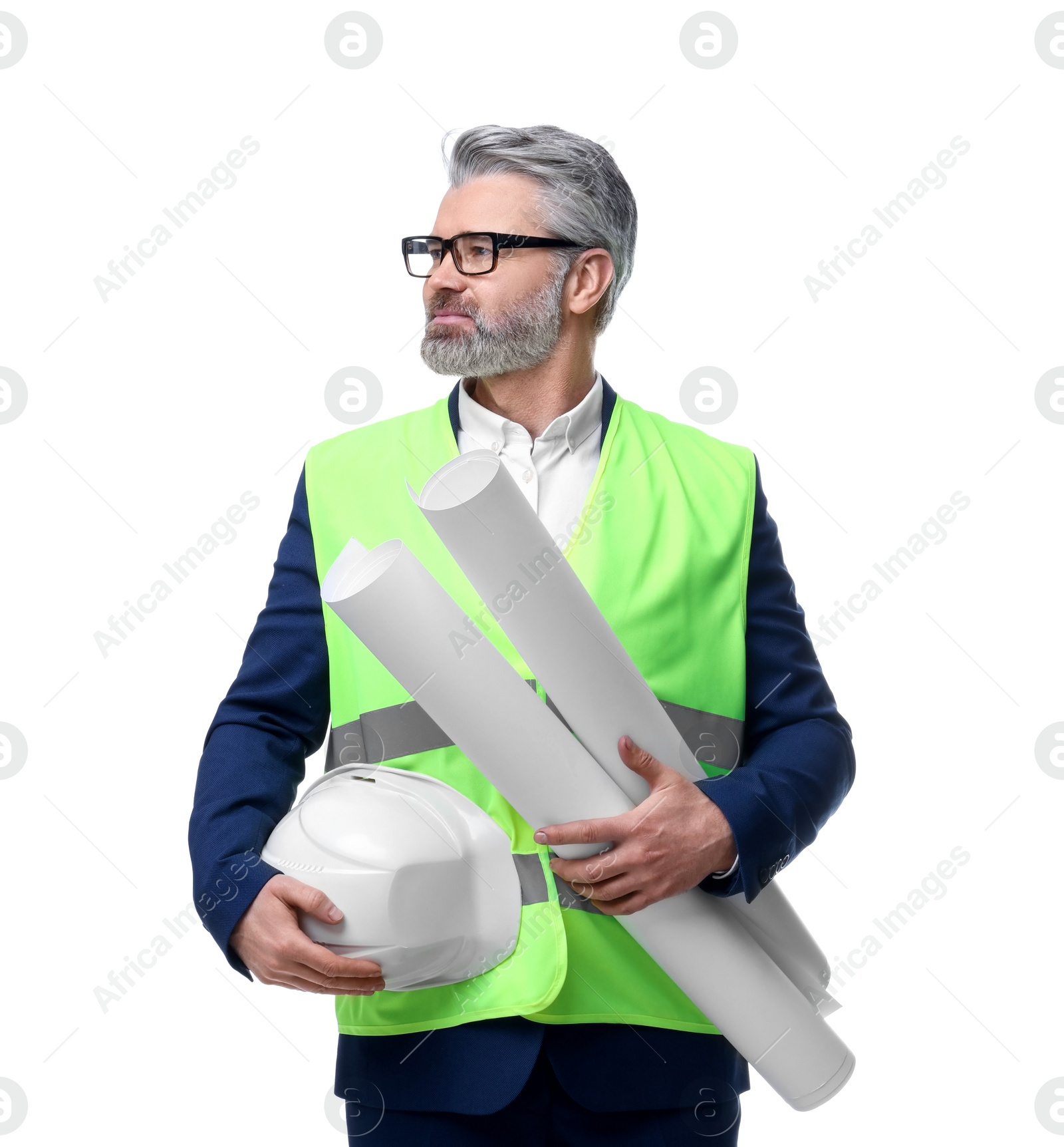 Photo of Architect with hard hat and drafts on white background