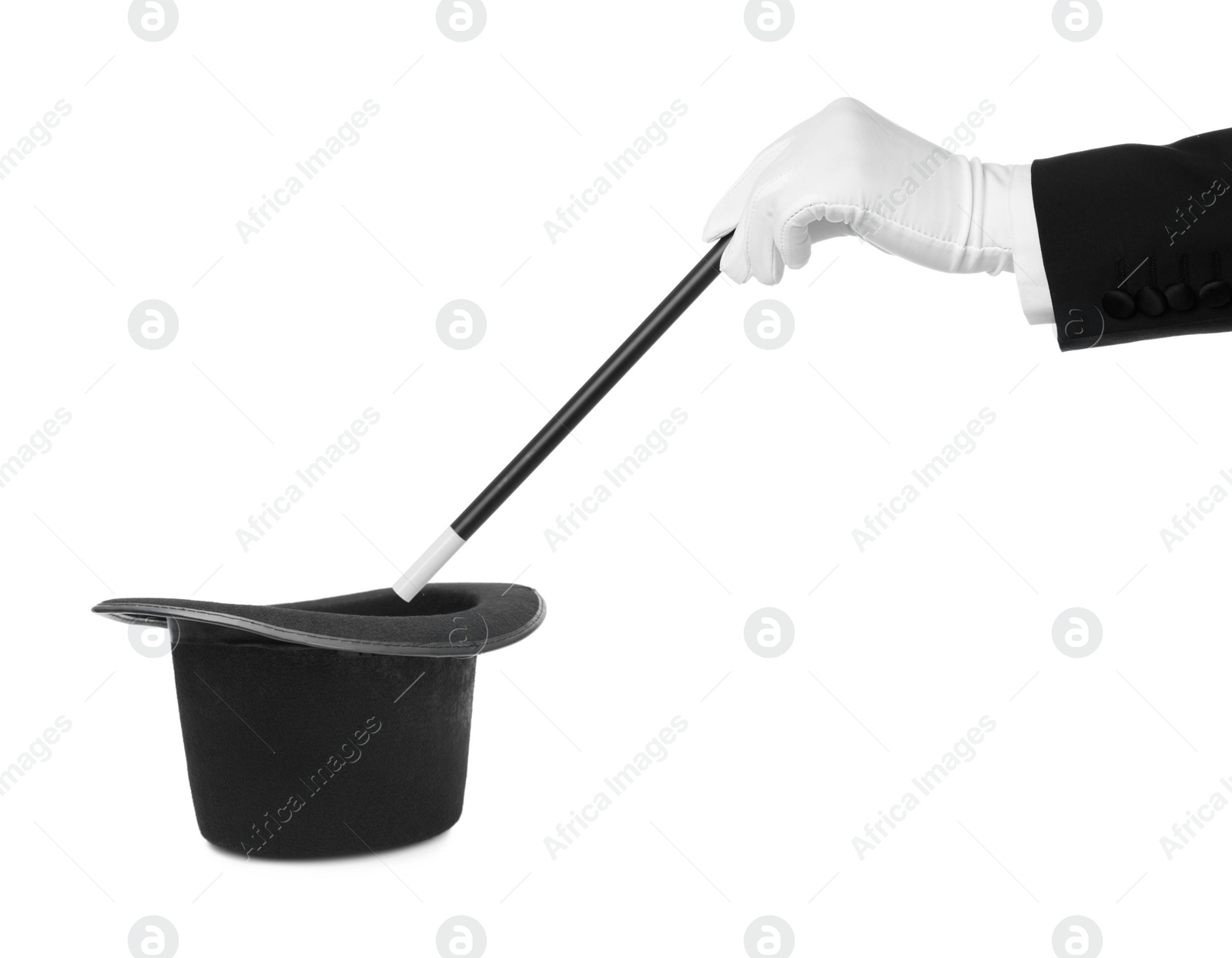 Image of Magician showing trick with wand and top hat on white background, closeup