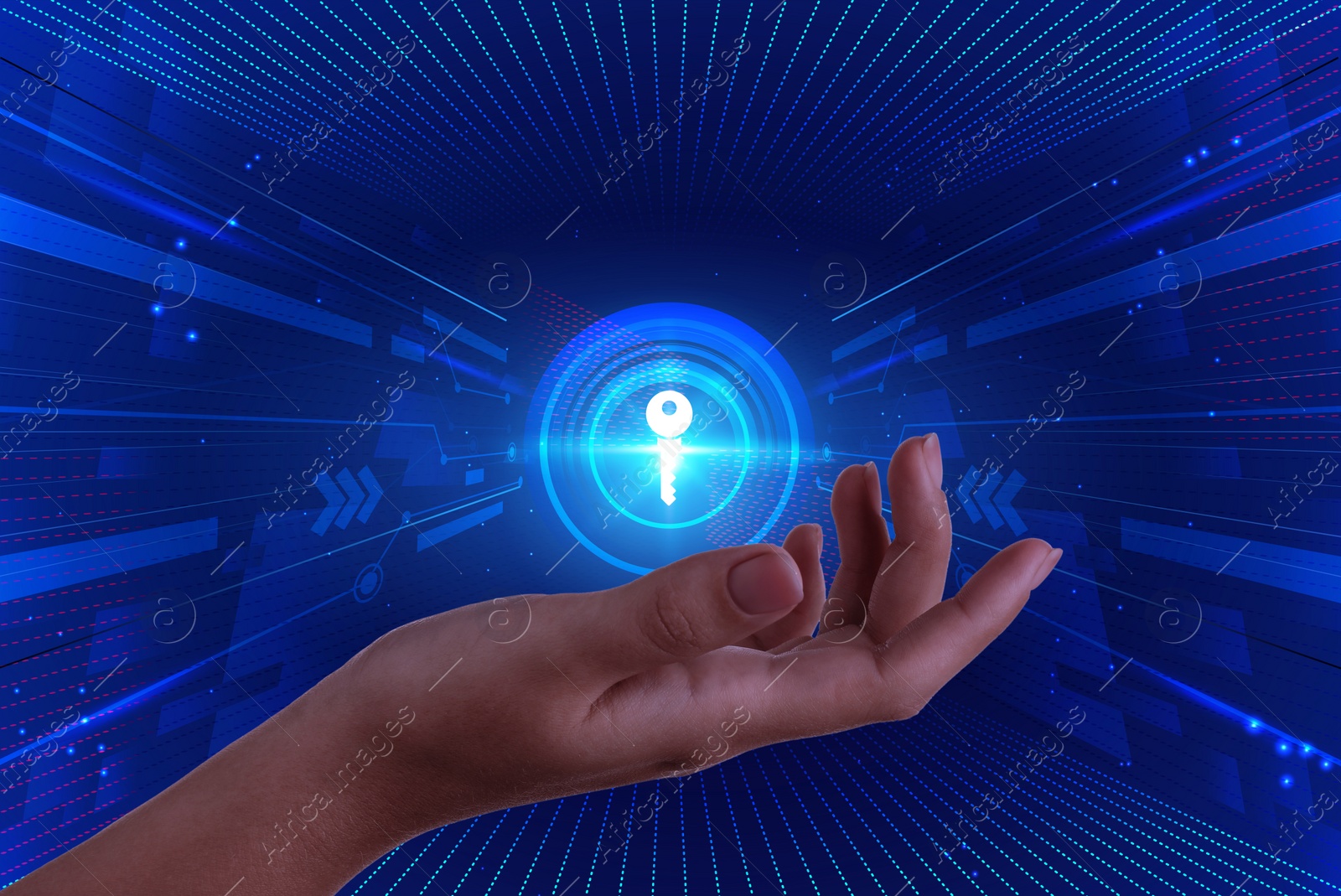Concept of keywords research and modern technology. Woman demonstrating digital key on blue background, closeup Image of Concept of keywords research and modern technology. Woman demonstrating digital key on blue background, closeup