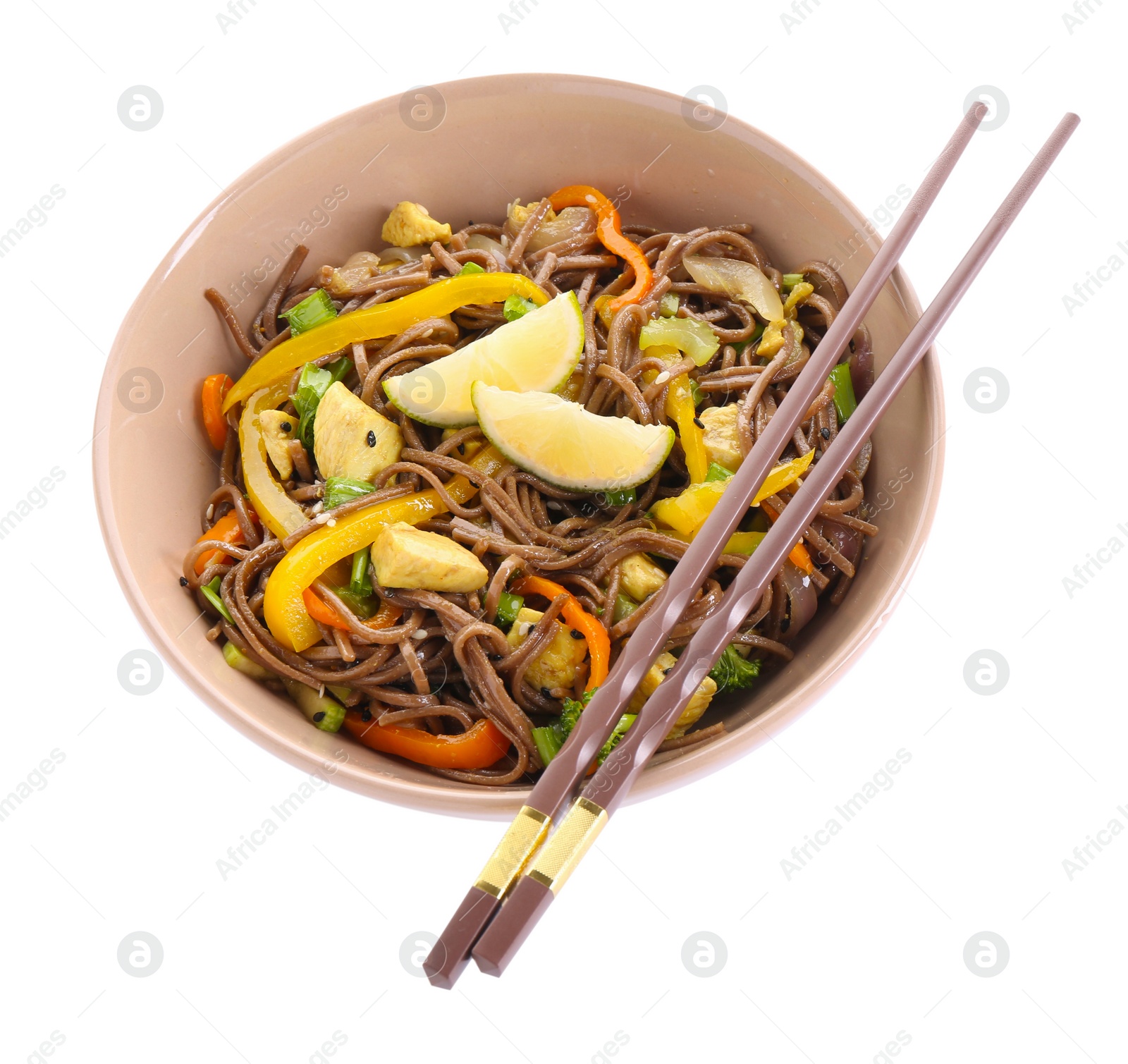 Photo of Stir-fry. Delicious cooked noodles with chicken in bowl and chopsticks isolated on white, top view