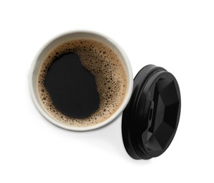 Aromatic coffee in takeaway paper cup and lid on white background, top view