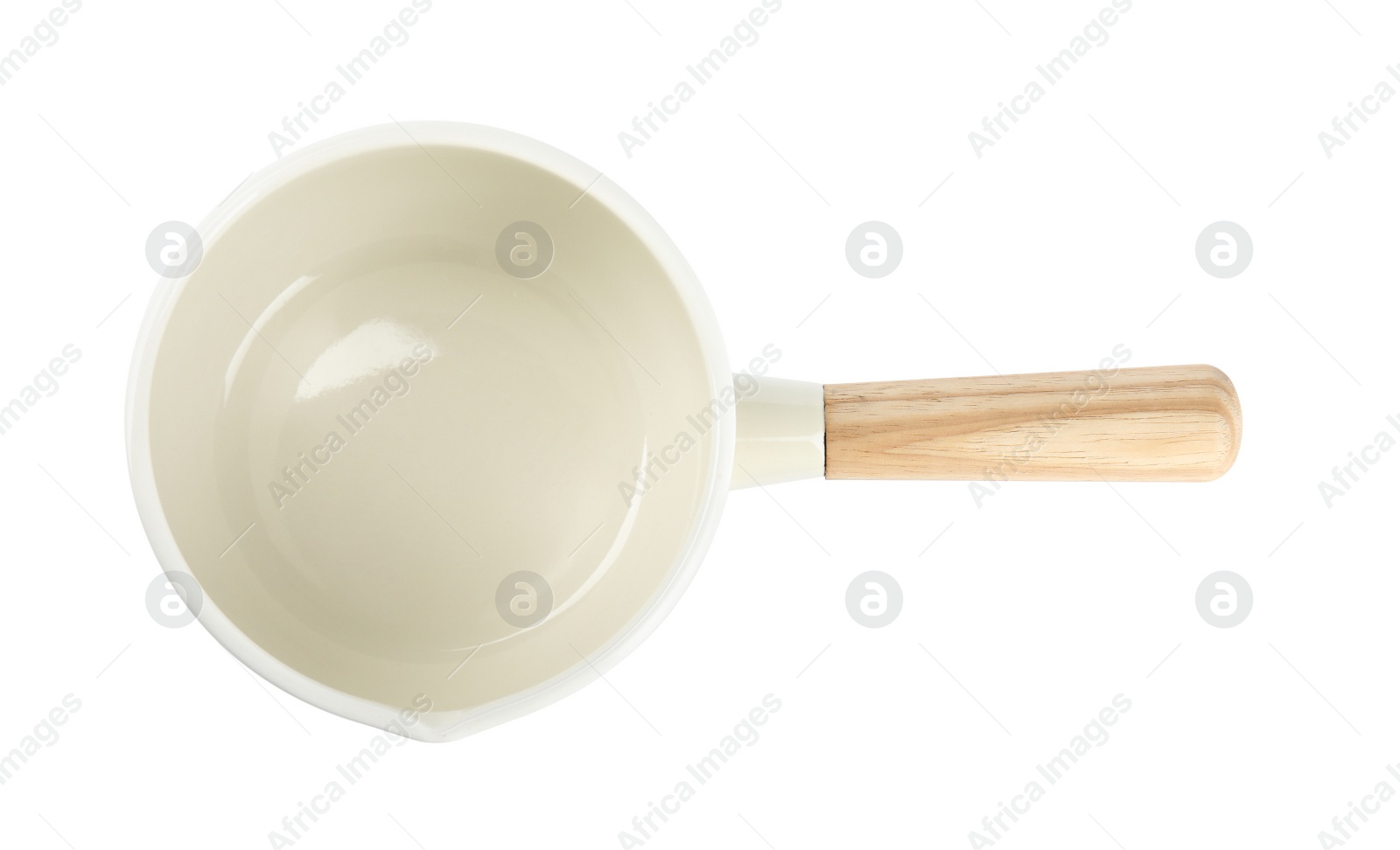 Photo of Empty ceramic sauce pan isolated on white, top view