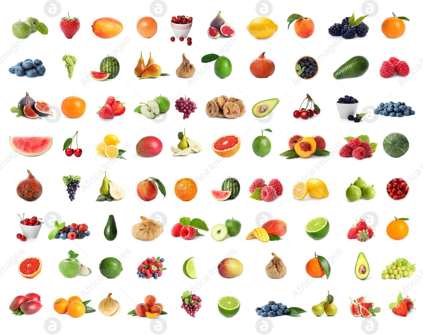 Image of Set of fresh ripe fruits and berries on white background