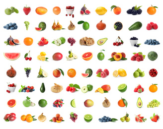 Image of Set of fresh ripe fruits and berries on white background