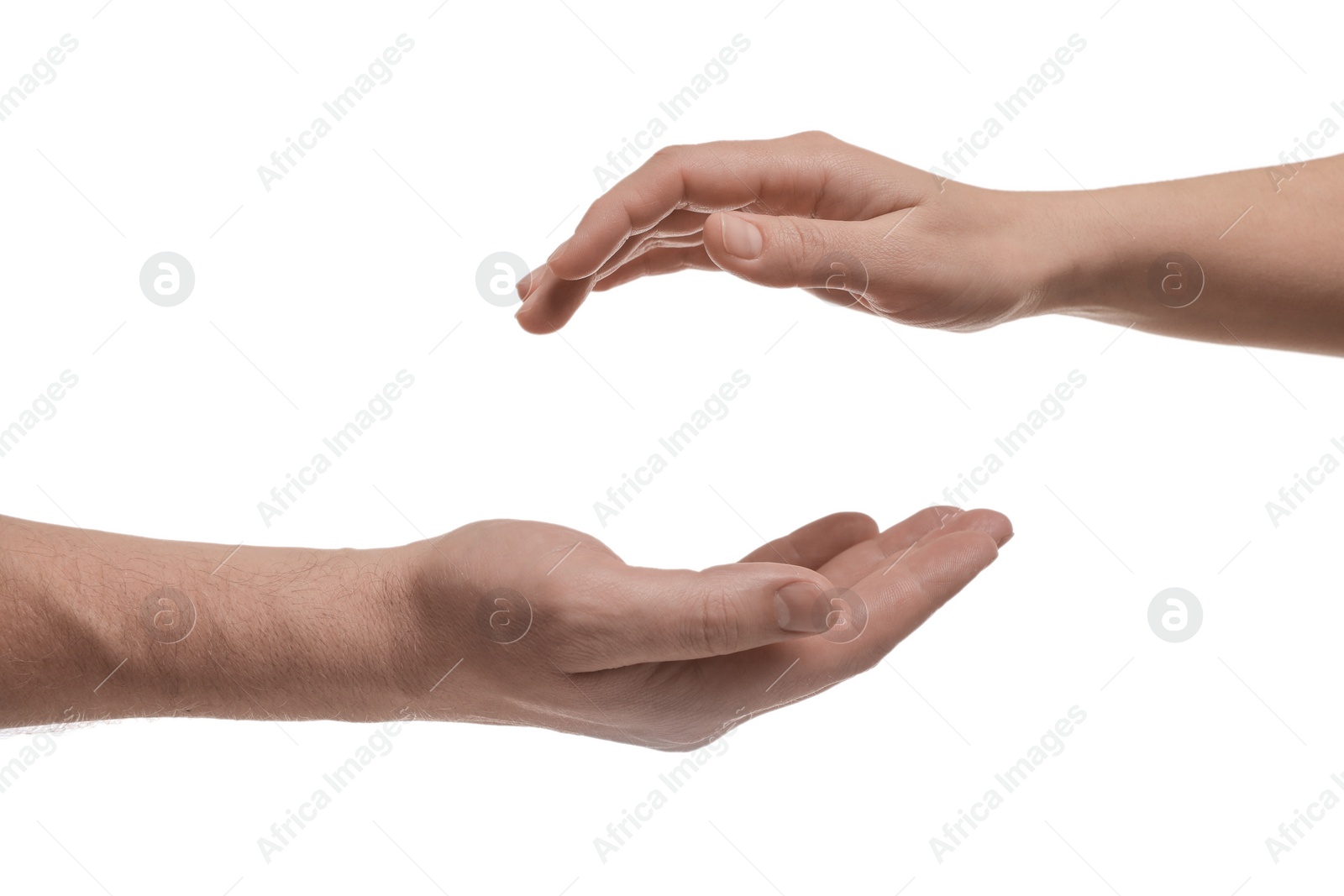 Photo of Man and woman reaching to each other on white background, closeup of hands