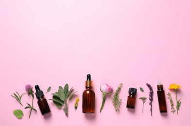 Photo of Bottles of essential oils, different herbs and flowers on pink background, flat lay. Space for text