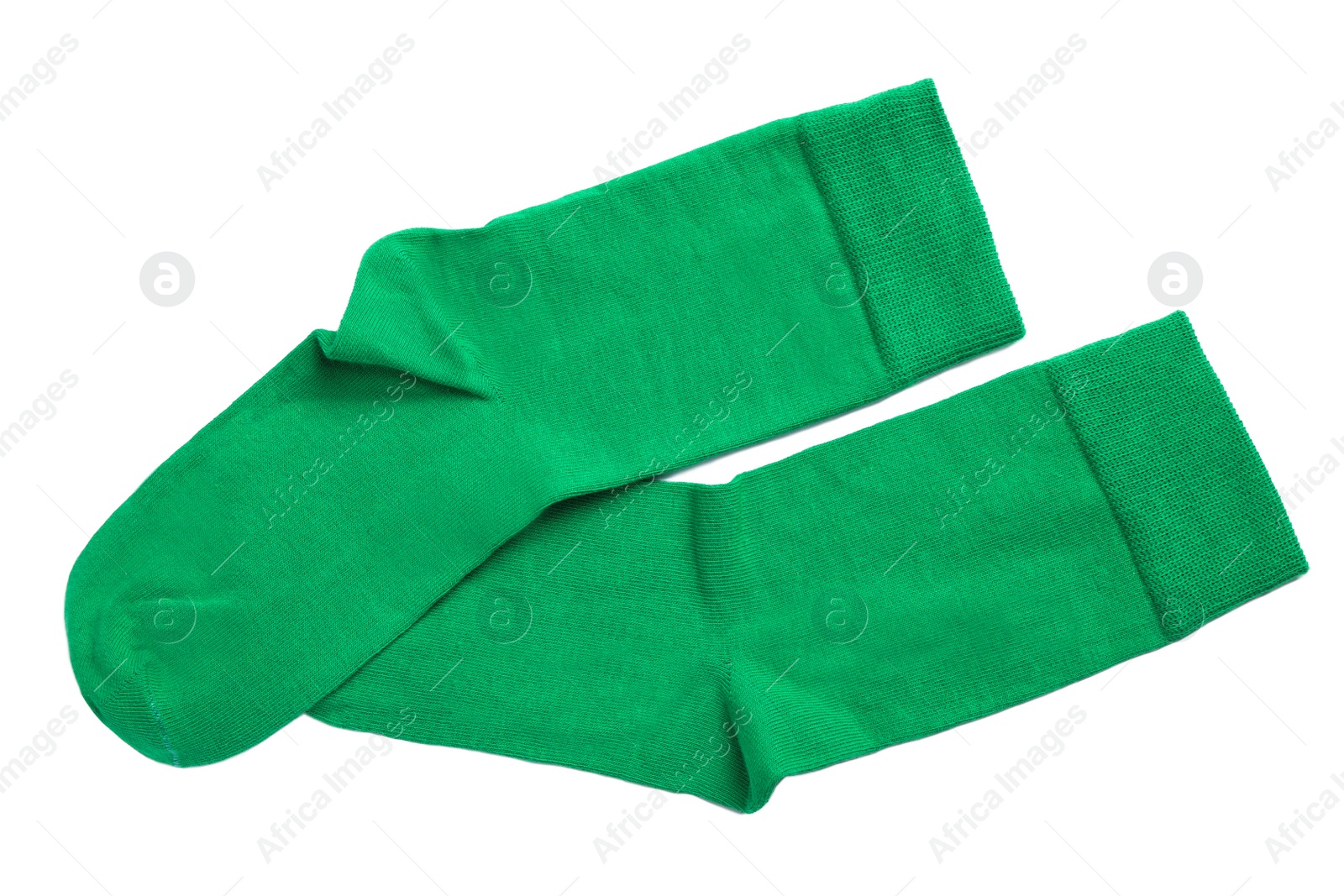 Photo of Pair of green socks on white background, top view