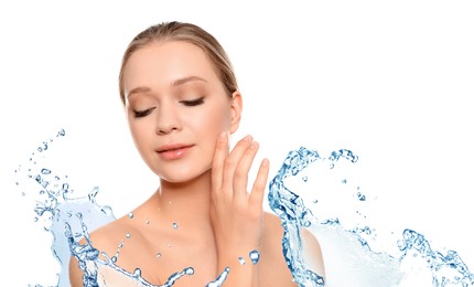 Image of Portrait of beautiful young woman with perfect moisturized skin and splashing water