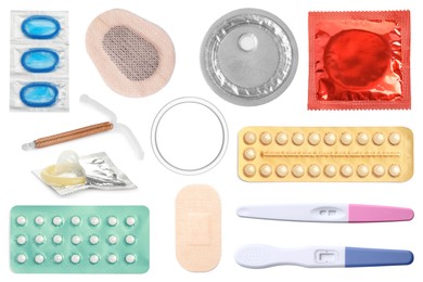 Oral contraceptives, patches, vaginal ring, condoms, intrauterine device and ovulation tests isolated on white, collage. Different birth control methods