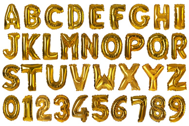 Image of Set with golden foil balloons in shape of letters and numbers on white background