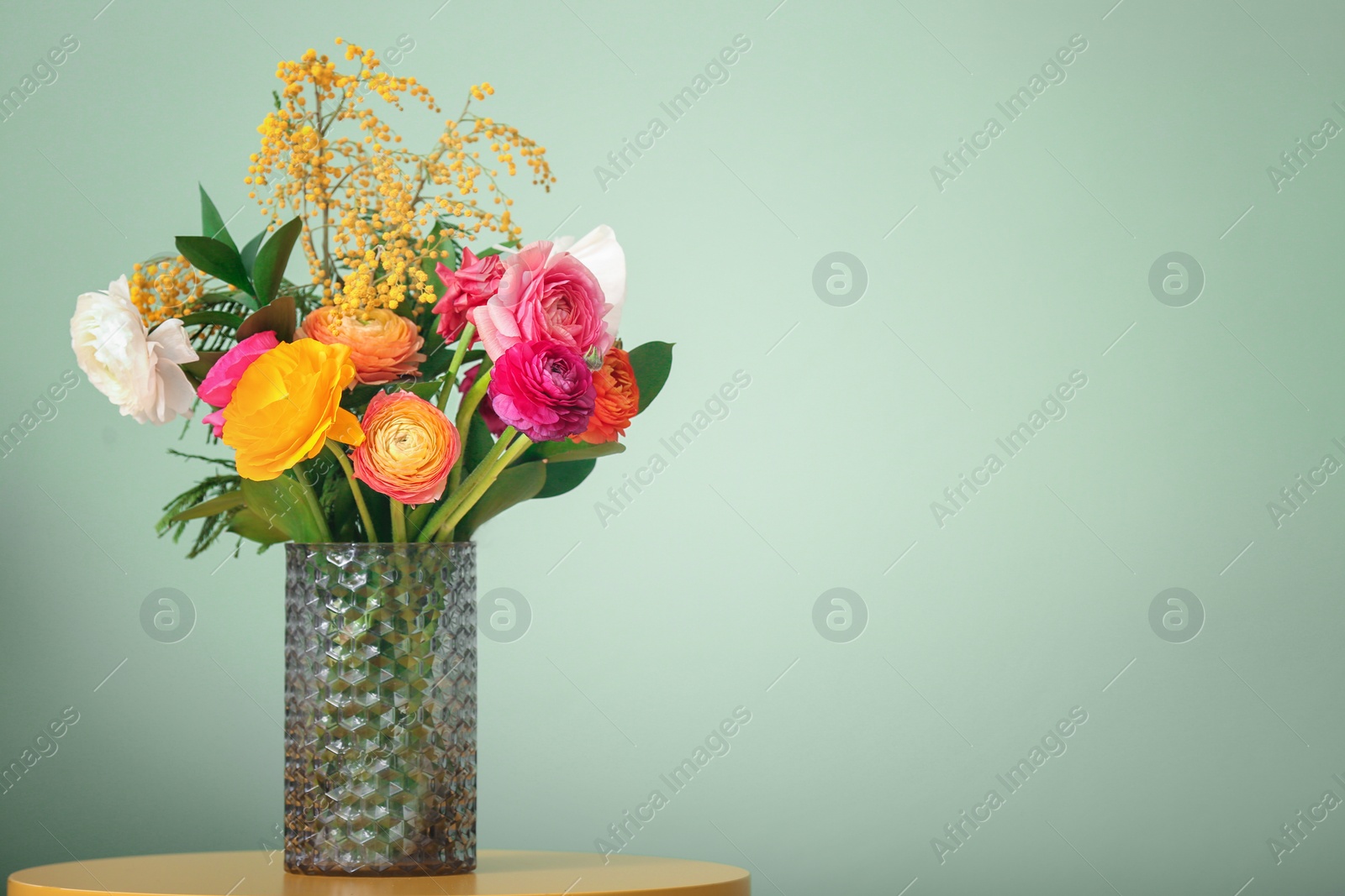 Photo of Vase with beautiful ranunculus flowers on color background