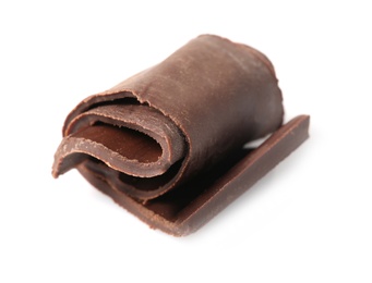Photo of Yummy chocolate curl for decor on white background