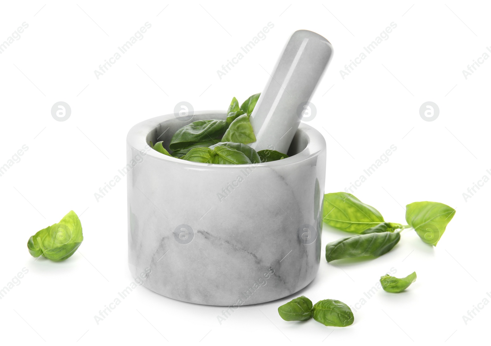 Photo of Mortar with fresh green basil leaves on white background