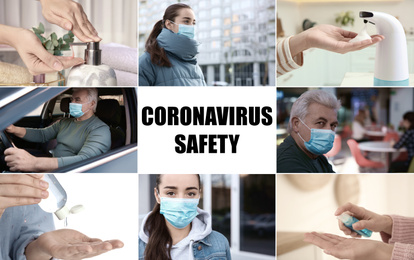 Collage with different photos devoted coronavirus outbreak. Be in safety