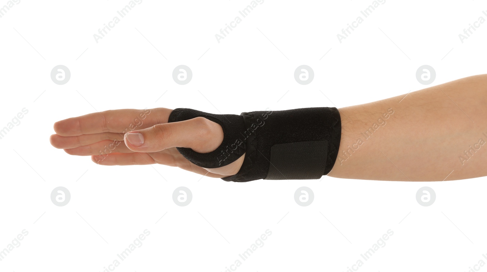 Photo of Woman with hand wrapped in medical bandage on white background, closeup