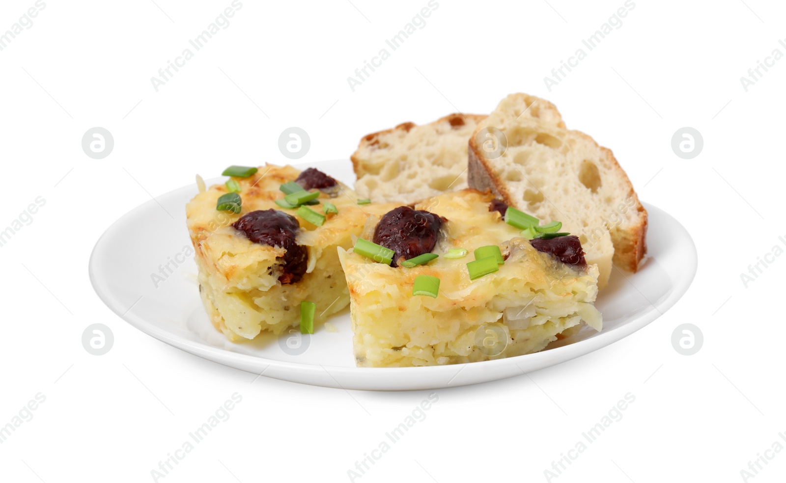 Photo of Tasty sausage casserole with green onion and bread isolated on white