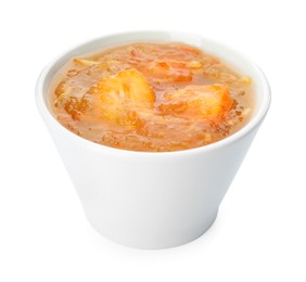 Photo of Delicious kumquat jam in bowl isolated on white