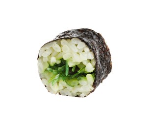 Photo of Delicious fresh sushi roll with chuka isolated on white
