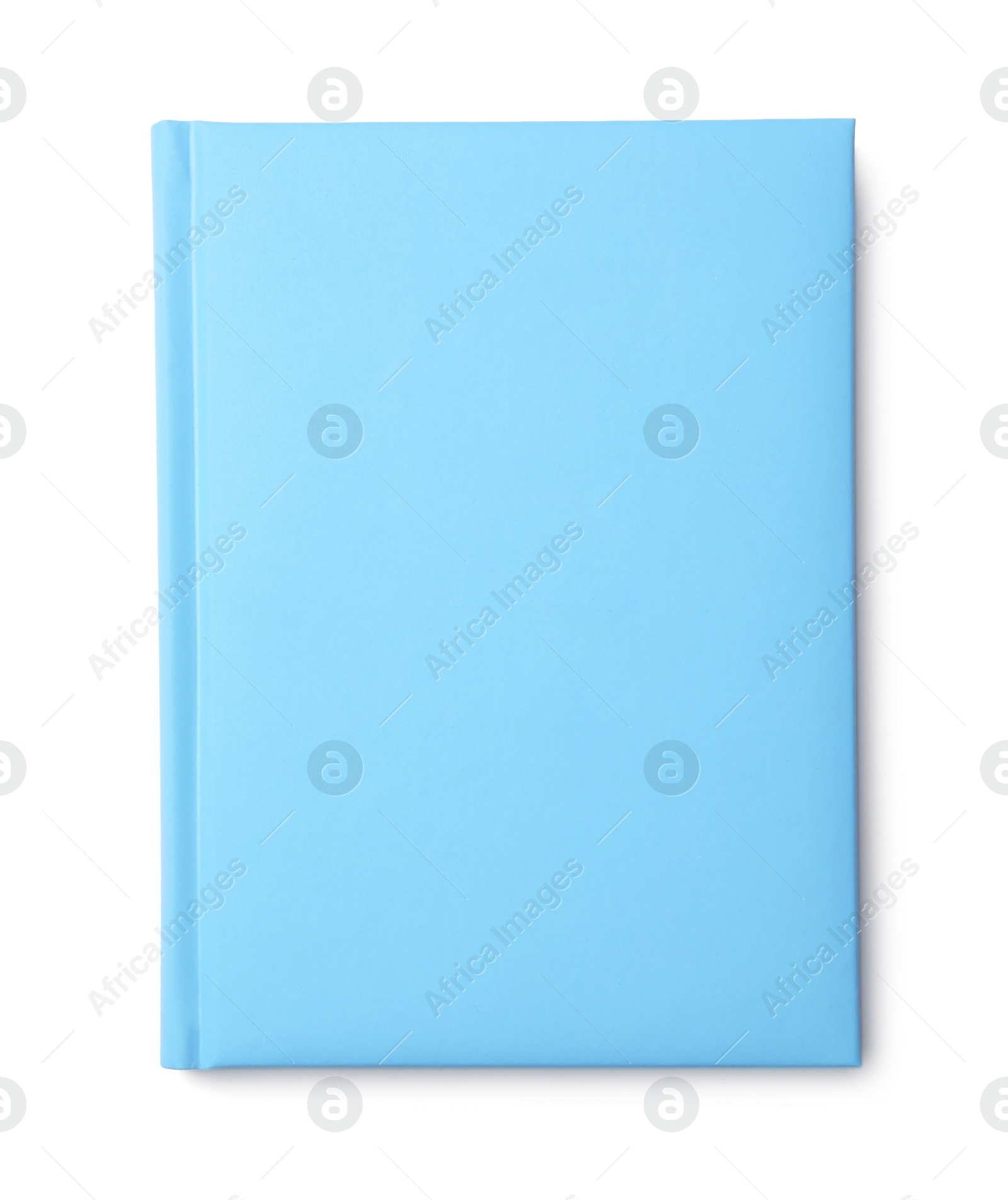 Photo of Stylish light blue notebook isolated on white, top view