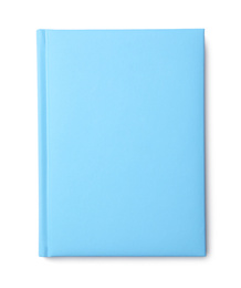 Photo of Stylish light blue notebook isolated on white, top view