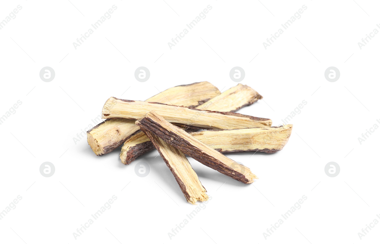 Photo of Dried sticks of liquorice root on white background