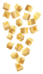 Image of Collage with cubes of cheese falling on white background