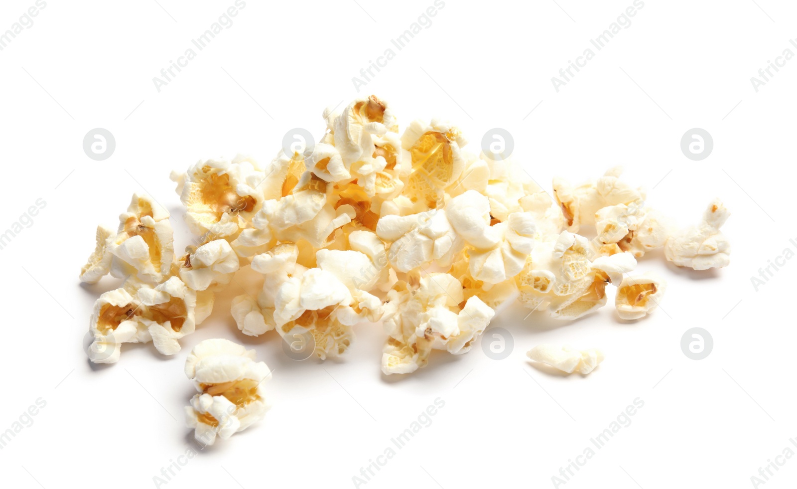 Photo of Pile of delicious fresh popcorn on white background