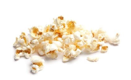 Photo of Pile of delicious fresh popcorn on white background