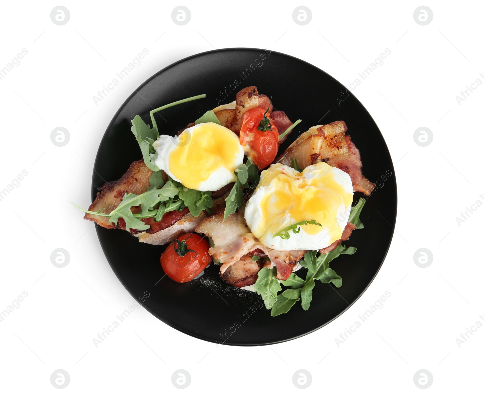 Photo of Fresh delicious eggs Benedict isolated on white, top view